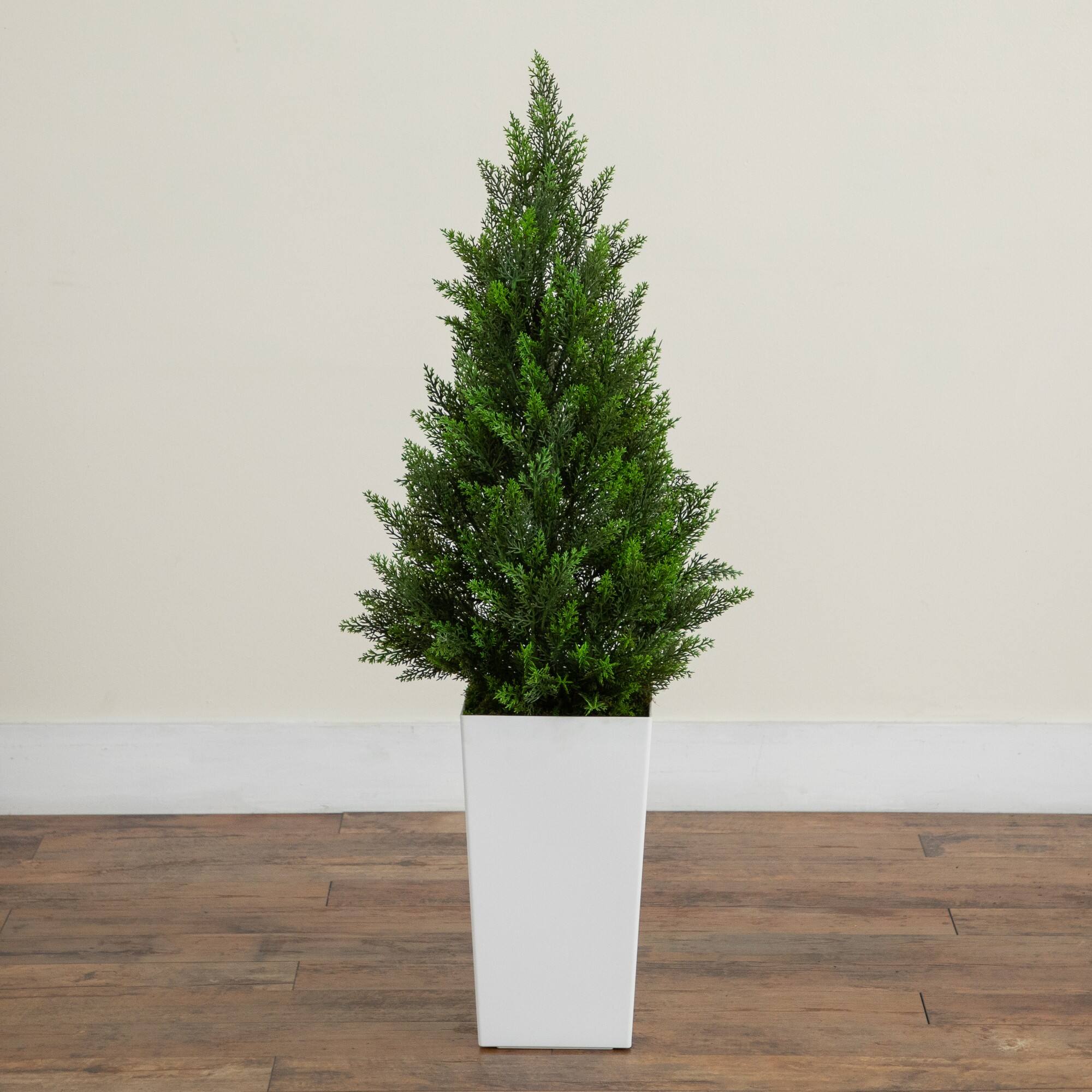 45" UV Resistant Artificial Cedar Tree in White Tower Planter (Indoor/Outdoor)